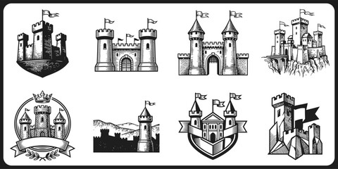 Obraz premium Illustration. Castle. Fortress. Tower. Heraldry. Banners.