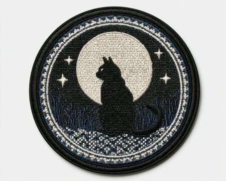 Mystical embroidered patch with black cat silhouette against a full moon. Celestial folk art design for witchcraft, goth fashion, or DIY projects, isolated on white background.