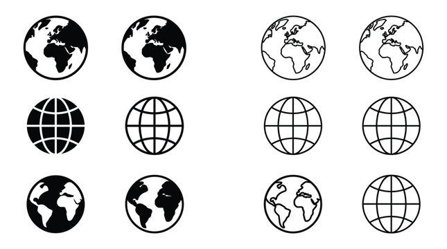Globe Icons In Black And White Geographic Representation