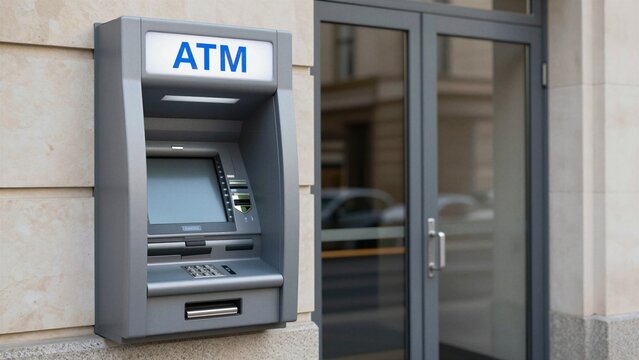 A grey automated teller machine mounted on a beige stone wall next to glass doors, providing easy access to cash and banking services in an urban setting.