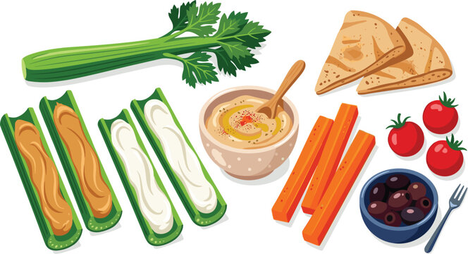 Healthy Celery Snack Platter Vector Element Set with Peanut Butter Stuffed Stalks, Hummus Dip, Pita Bread, Carrot Sticks, Cherry Tomatoes, and Olives