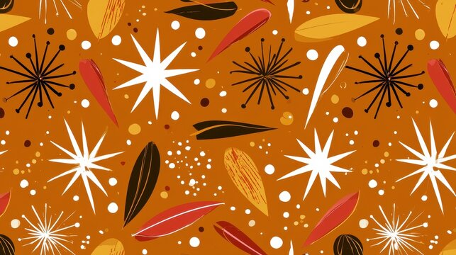 Mid-Century Modern seamless pattern with retro starbursts and abstract leaves. Vintage Atomic Age background design in a warm, autumnal orange and yellow color palette.