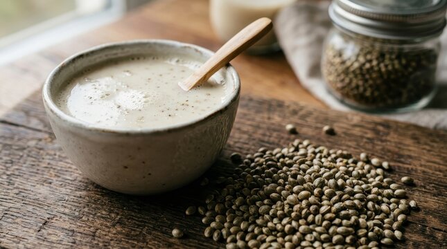 Creamy Tahini Sauce in Bowl with Hemp Seeds on Wooden Table.