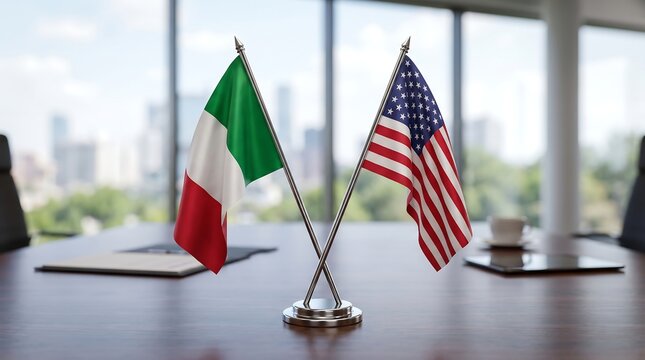 Italy and United States flags on office desk representing international business partnership and diplomatic relations.