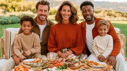 Fototapeta premium Happy young family enjoying an outdoor picnic in a sunny park with parents and children smiling together