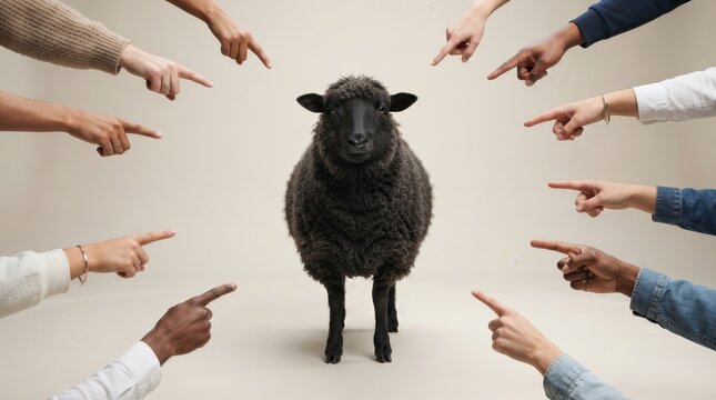 A solitary black sheep stands in the center while many pointing fingers accuse it on a plain background.