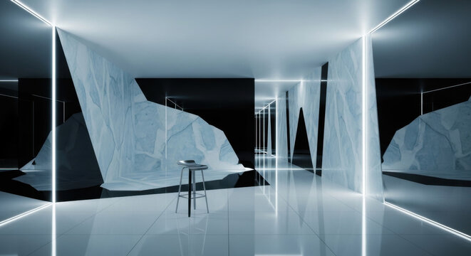 Futuristic Ice Cave Installation With Modern Bar Stool And Neon Lighting