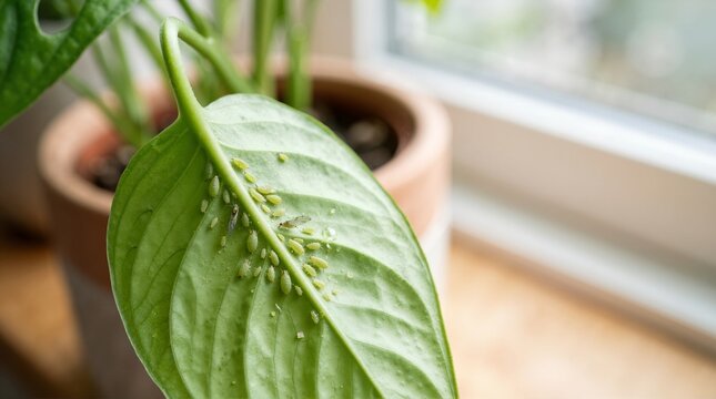 Close up of an aphid infestation on a green houseplant leaf. Macro view of tiny insect pests damaging indoor potted plant foliage