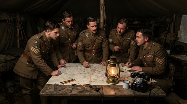 Military men in uniform, studying map, planning strategy, war effort, teamwork
