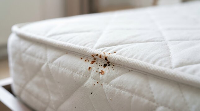 Close up of bedbug stains on a white mattress seam. Evidence of insect pest infestation and fecal spots on bedding fabric