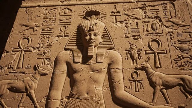 Ancient egyptian pharaoh hieroglyphs carving on temple wall, historical stone relief sculpture with ankh symbols and mythological figures