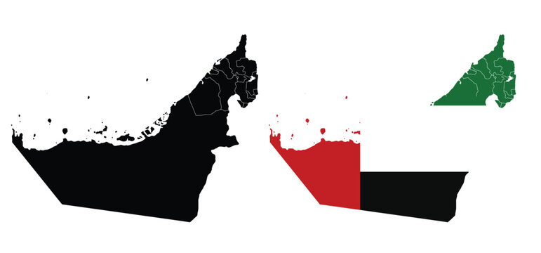 UAE map vector set with emirate boundaries and flag colors