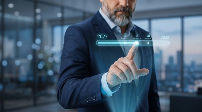 Businessman Touching Digital Timeline for 2030 Strategic Growth Plan and Corporate Innovation in Modern Office Space