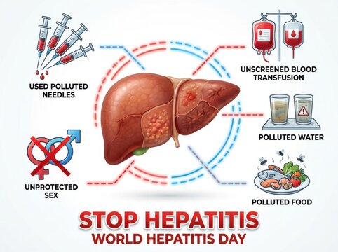 Causes of hepatitis infographic showing transmission routes and liver damage