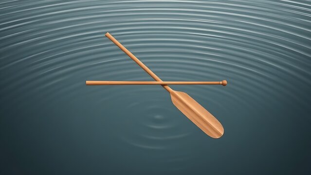 A wooden oar crossed with a conductor's baton over water ripple lines.
