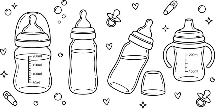 Baby bottle pacifier safety pin newborn icon set vector illustration line art doodle with milk heart bubble star cap