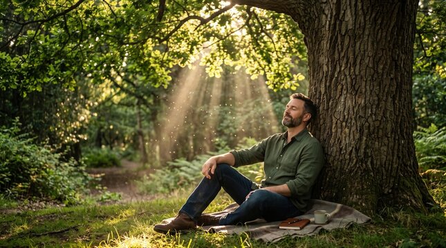 Relaxed man sitting under large tree trunk inside forest with dramatic morning sunbeams.