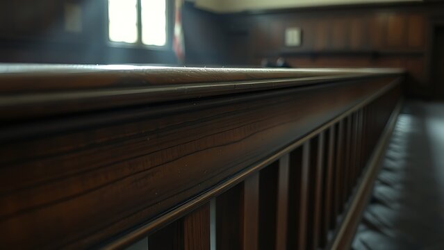 Abandoned courtroom defendant rail with scratch marks, dust motes in light.