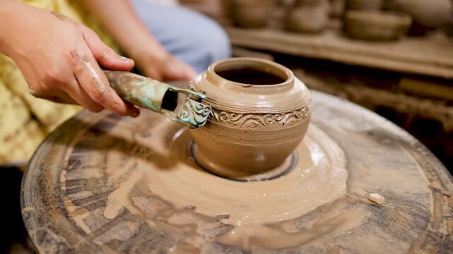 Artisan Hands Carving Intricate Patterns on Clay Pottery Wheel