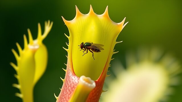 Extreme close-up of a Venus flytrap closing around a fly, with sharp details and blurred background.