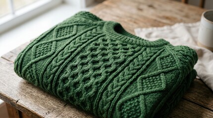 Fototapeta premium Close up of a folded dark green cable knit sweater on a rustic wooden table. Thick handmade woolen garment with intricate patterns. Cozy winter clothing concept
