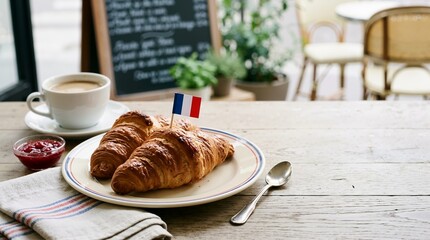 Fresh croissants on a plate with a miniature French flag and coffee. Traditional French breakfast at an outdoor cafe. Bastille Day July 14th celebration concept