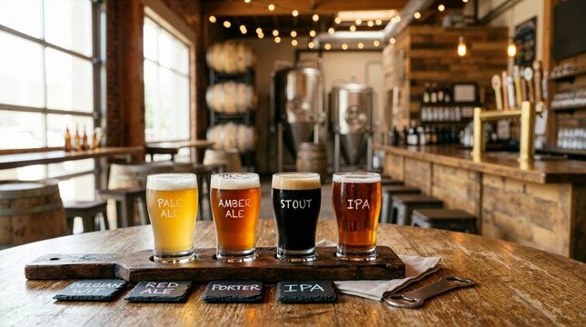 Craft beer flight sampler on a wooden table in a brewery taproom. Four glasses of pale ale, amber ale, stout, and IPA on a tasting paddle. International Beer Day concept