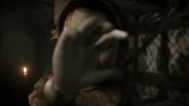 Creepy doll reaching out in a dark candlelit attic