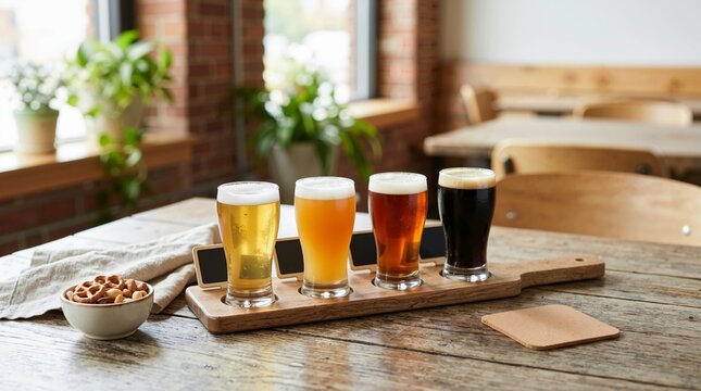 Craft beer tasting flight on a wooden board with blank chalkboards. Four glasses of assorted draft beers with a bowl of pretzel snacks in a bright pub. Copy space for text