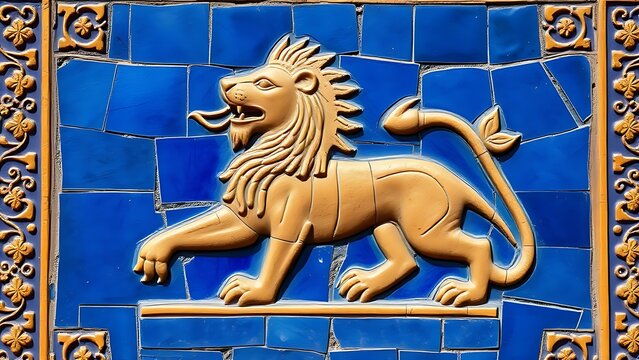 Glazed brick relief of a lion against lapis lazuli blue background with gold accents, intricate patterns.