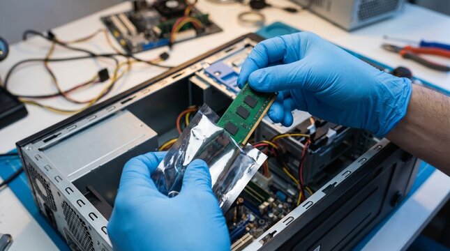 Technician Repairing Electronic Circuit Board in Modern Workshop
