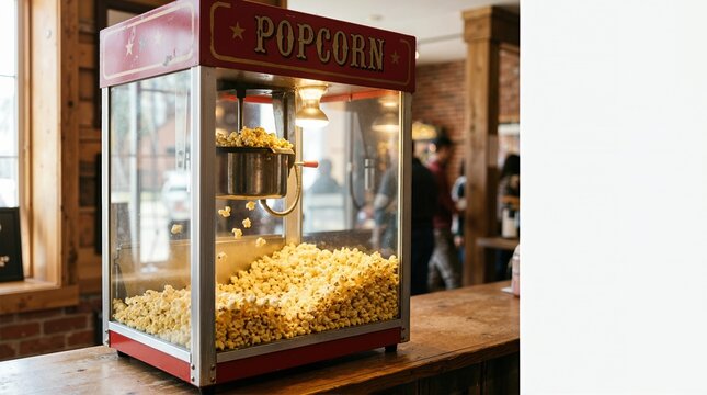 Vintage popcorn machine on a wooden counter. Retro red popcorn maker filled with fresh snacks in a rustic interior. Cinema concession stand close up