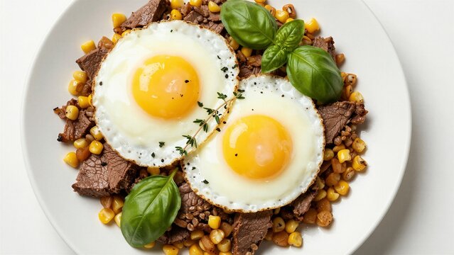 A top-down view of a hearty breakfast featuring golden-brown corned beef hash topped with two sunny-side-up fried eggs, garnished with fresh basil leaves and thyme on a white plate.