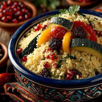 A colorful bowl of Moroccan couscous topped with fresh vegetables fruits and pomegranate seeds.
