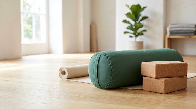 Green yoga bolster and cork blocks on a wooden floor. Minimalist home studio setup for meditation and wellness. Rolled mat and potted plant in a bright room