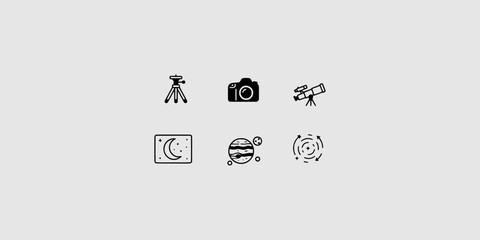 Icon set collection of astronomy observation tools, including cameras, tripods, telescopes, planets, and celestial night sky elements, minimal style. © Raka Firdaus 