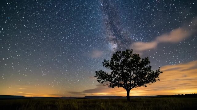 Vast starry night sky with the Milky Way arching over a solitary tree in a grassy field, illuminated by distant horizon lights, creating a sense of wonder and solitude