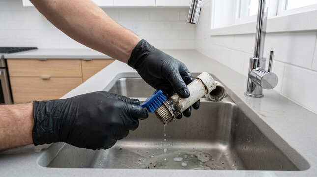 Close up of person using blue brush to clean grime from a clogged white drainage pipe