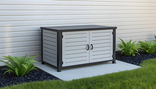 Gray Storage Shed Against White House with Green Grass and Plants