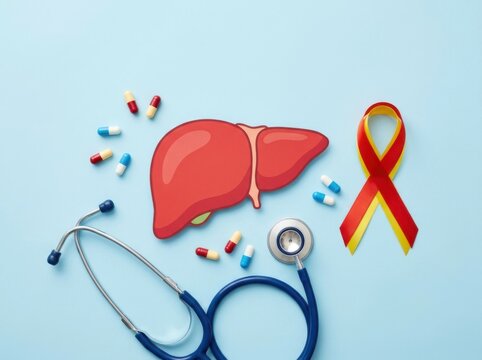 World hepatitis day concept with liver, stethoscope, pills, and awareness ribbon