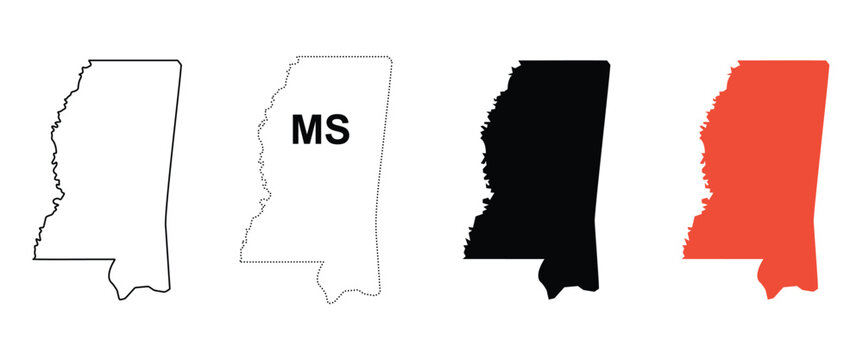 State of Mississippi outline icon with a black dotted border and black and red silhouettes.