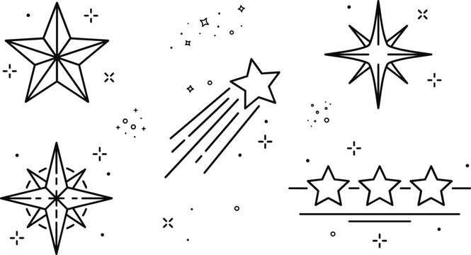 Celestial star icon vector set featuring shooting stars north star dividers sparkles constellations geometric astronomical design elements