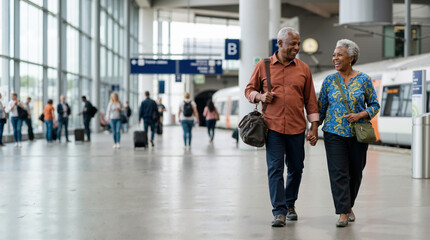 Fototapeta premium Smiling senior African American couple walking hand in hand at a train station. Active elderly black man and woman traveling with luggage. Retirement vacation and companionship concept