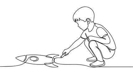 Obraz premium Boy drawing rocket with chalk. Continuous line art vector illustration. Minimalist black and white outline drawing of a child playing on the ground
