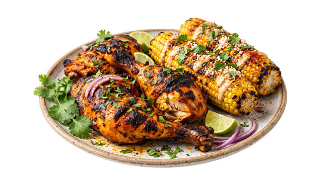 Grilled peri-peri chicken legs with roasted corn on the cob, spicy barbecue chicken platter with lime and cilantro, roasted poultry dinner with elote style corn isolated on White Background