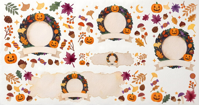 水彩画風のハロウィンバナー・フレームイラスト素材セット ジャックオランタンと秋のモチーフ
