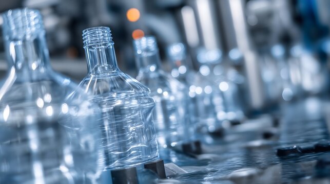 Injection stretch blow molding process forming a PET bottle from molten plastic