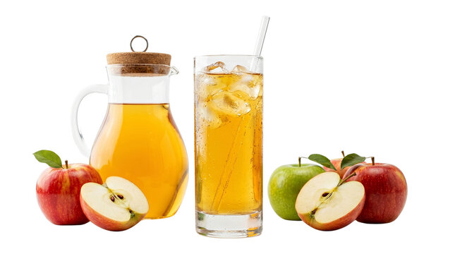 Fresh apple juice in glass with ice and straw, organic fruit cider in glass pitcher, ripe red and green apples for healthy breakfast isolated on White Background