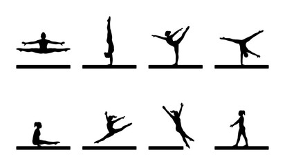 Fototapeta premium Gymnastics Poses Vector Set, Athletic Silhouettes, Dynamic Movements, Sports Performance Icons, Flexible Body Shapes, Artistic Gymnastics Figures, Training and Exercise Graphics