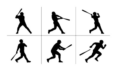 Naklejka premium Baseball Player Silhouette Set, Action Poses Vector Graphics, Sports Athlete Swing and Run Illustrations, Dynamic Movement Collection